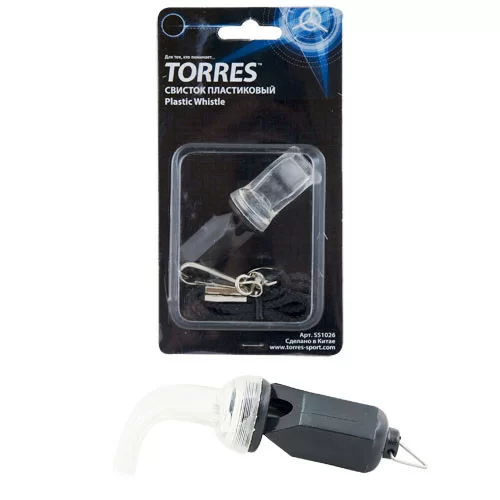 Фото Свисток пластик Torres без шарика шнурок с карабином в комплекте черный SS1026 со склада магазина СпортСЕ