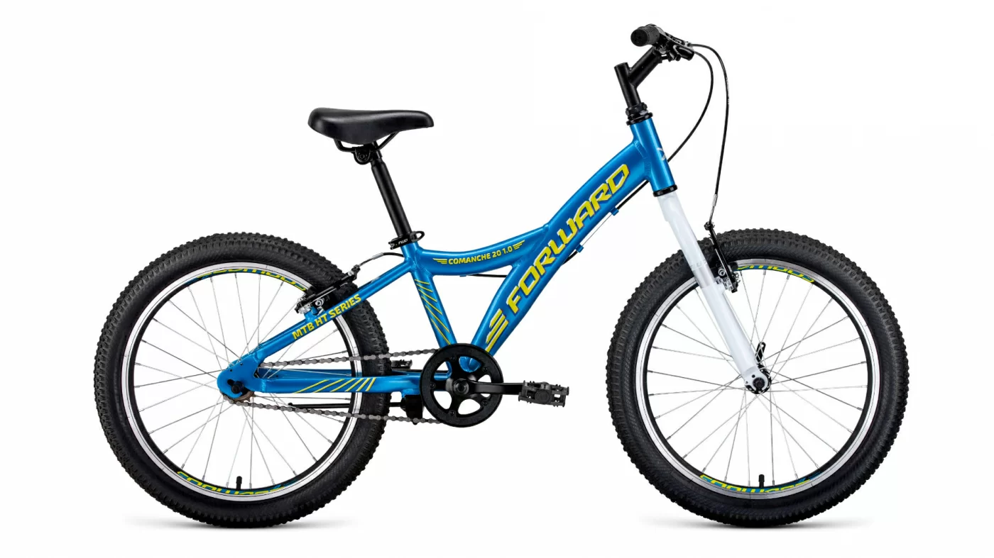 Фото Велосипед Forward Comanche 20 1.0 (2021) голубой/желтый RBKW11601002 со склада магазина СпортСЕ