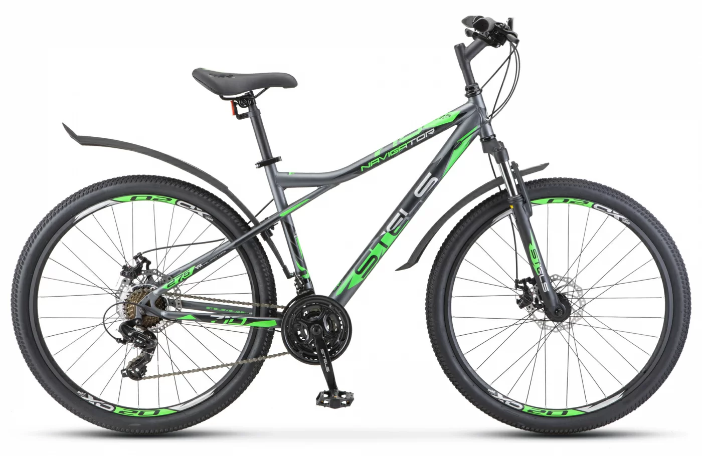 Фото Велосипед Stels Navigator-710 MD 27.5" (2021) антрацитовый/зелёный/чёрный V020 со склада магазина СпортСЕ