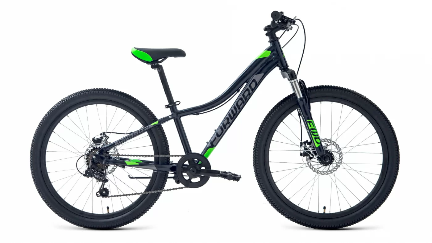 Фото Велосипед Forward Twister 24 2.2 disc (7ск) (2021) черный/ярко-зеленый со склада магазина СпортСЕ