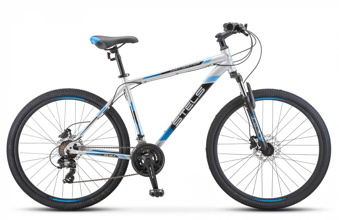 Фото Велосипед Stels Navigator-700 D 27.5" (2021) серебристый/синий F010 со склада магазина СпортСЕ